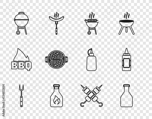 Set line Barbecue fork, Ketchup bottle, grilled shish kebab, with sausage, Grilled and Mustard icon. Vector