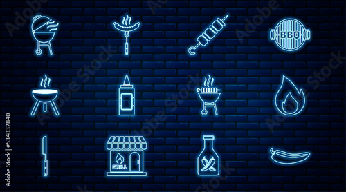 Set line Hot chili pepper pod, Fire flame, Grilled shish kebab, Mustard bottle, Barbecue grill, grilled and Sausage on the fork icon. Vector