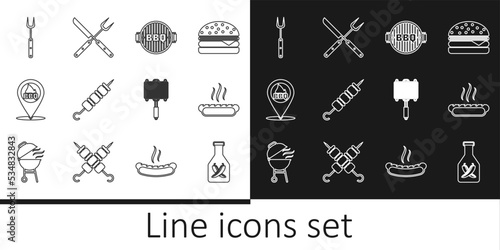Set line Ketchup bottle, Hotdog sandwich, Barbecue grill, Grilled shish kebab, Location with barbecue, fork, steel grid and Crossed knife icon. Vector