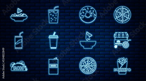 Set line Burrito, Fast street food cart, Donut, Glass with water, Soda can drinking straw, Nachos plate, and icon. Vector