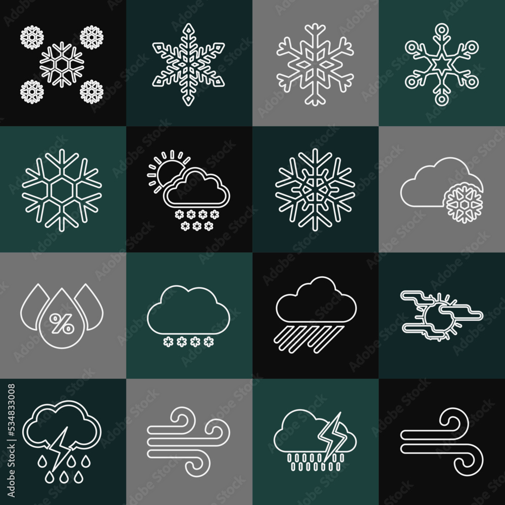 Set line Wind, Fog and sun, Cloud with snow, Snowflake, and icon. Vector