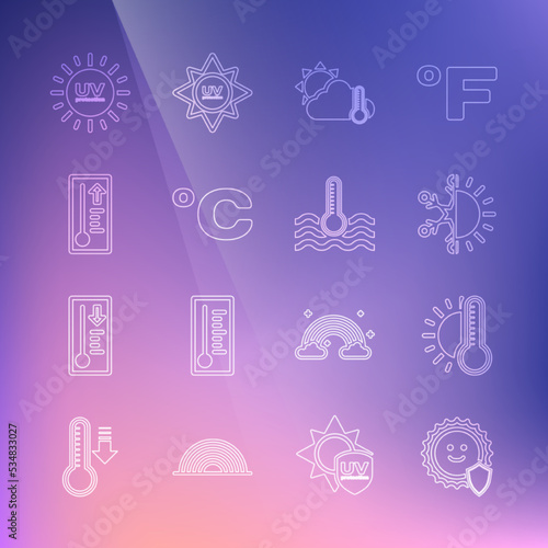 Set line UV protection, Thermometer with sun, Sun and snowflake, cloud,, Celsius, Meteorology thermometer, and Water icon. Vector
