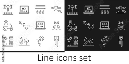 Set line Temperature and humidity sensor, Smart farm with drone, bulb plant, Chicken camera, Wireless tractor smart, Genetic engineering modification and Laptop application for icon. Vector