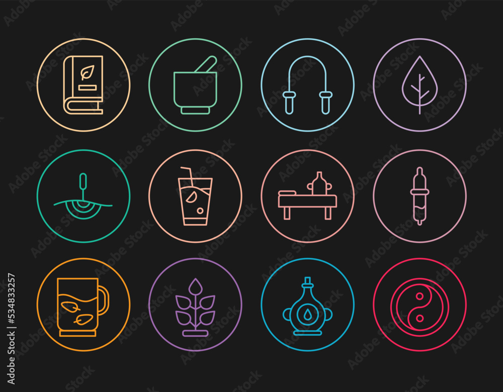 Set line Yin Yang, Pipette, Jump rope, Fresh smoothie, Acupuncture therapy, Medical book, Massage table with oil and Mortar and pestle icon. Vector Set line Yin Yang, Pipette, Jump rope, Fresh smoothie, Acupuncture therapy, Medical book, Massage table with oil and Mortar and pestle icon. Vector