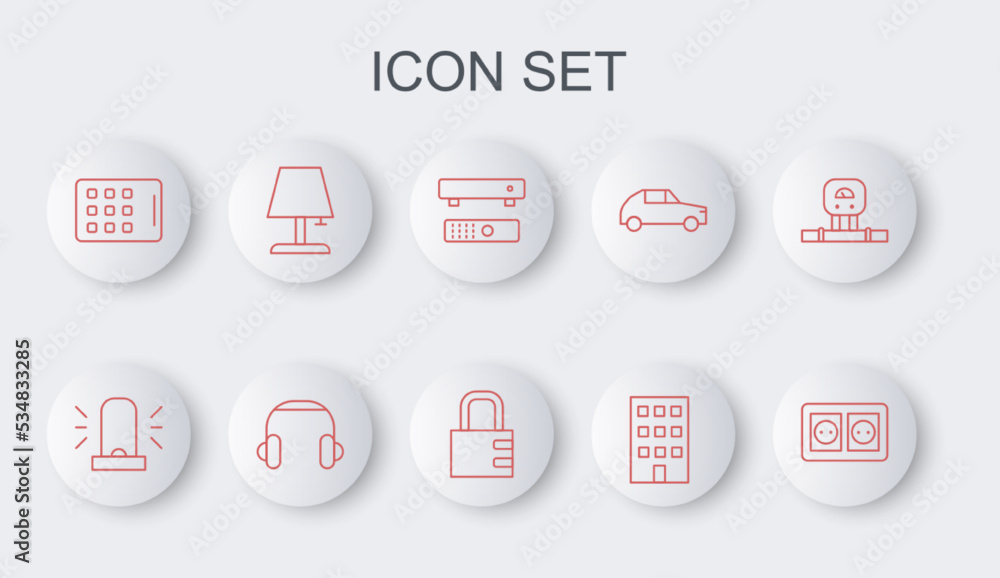 Set line Electrical outlet, Flasher siren, Multimedia and TV box, House, Graphic tablet, Table lamp, Headphones and Safe combination lock icon. Vector Set line Electrical outlet, Flasher siren, Multimedia and TV box, House, Graphic tablet, Table lamp, Headphones and Safe combination lock icon. Vector