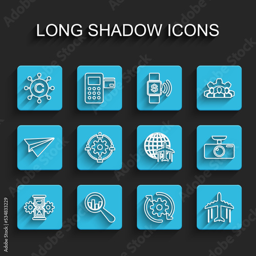 Set line Hourglass and gear, Magnifying analysis, Copywriting network, Gear arrows workflow, Plane, Outsourcing concept, Car DVR and Globe with flying plane icon. Vector