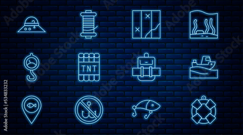 Set line Lifebuoy, Fishing boat on water, Folded map, Detonate dynamite bomb stick, Spring scale, Fisherman hat, Hiking backpack and Spinning reel for fishing icon. Vector