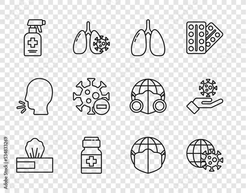 Set line Wet wipe pack, Earth globe with virus, Lungs, Medicine bottle and pills, Liquid antibacterial soap, Negative, medical mask and Hand icon. Vector