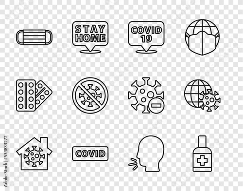 Set line Stay home, Liquid antibacterial soap, Corona virus on location, covid-19, Medical protective mask, Stop, Man coughing and Earth globe with icon. Vector