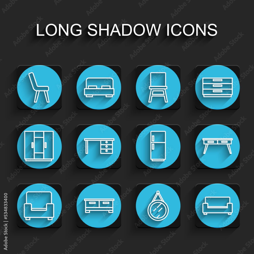 Set line Armchair, Chest of drawers, Mirror, Sofa, Office desk, and Refrigerator icon. Vector Set line Armchair, Chest of drawers, Mirror, Sofa, Office desk, and Refrigerator icon. Vector