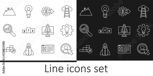 Set line Create account screen, Light bulb and gear, Gear with dollar, Business podium, Magnifying glass analysis, Mountains flag, Startup project concept and Head lamp icon. Vector