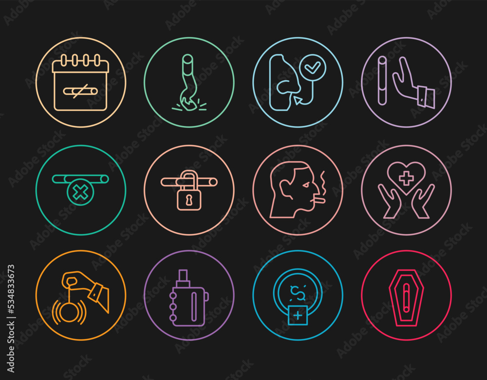 Set line Death from smoking, Heart with cross, Healthy breathing, No, days, Man cigarette and Cigarette butt icon. Vector Set line Death from smoking, Heart with cross, Healthy breathing, No, days, Man cigarette and Cigarette butt icon. Vector