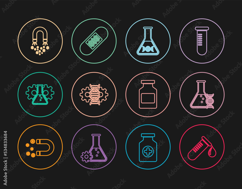 Set line Test tube with drop of blood, DNA research, search, Gene editing, Bioengineering, Magnet money, Medicine bottle and Bandage plaster icon. Vector Set line Test tube with drop of blood, DNA research, search, Gene editing, Bioengineering, Magnet money, Medicine bottle and Bandage plaster icon. Vector