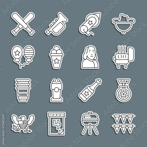 Set line Carnival garland with flags, Medal star, Barbecue grill, Firework, Ice cream in waffle cone, Balloons, Crossed baseball bat and Benjamin Franklin icon. Vector