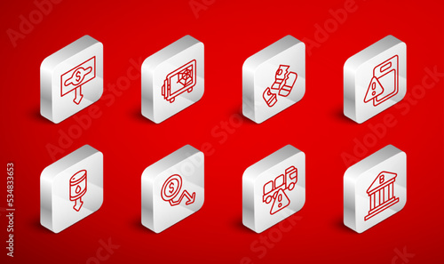 Set line Bank building, Safe, Credit card, Global economic crisis, Stop delivery cargo truck, Dollar rate decrease, and Drop crude oil price icon. Vector