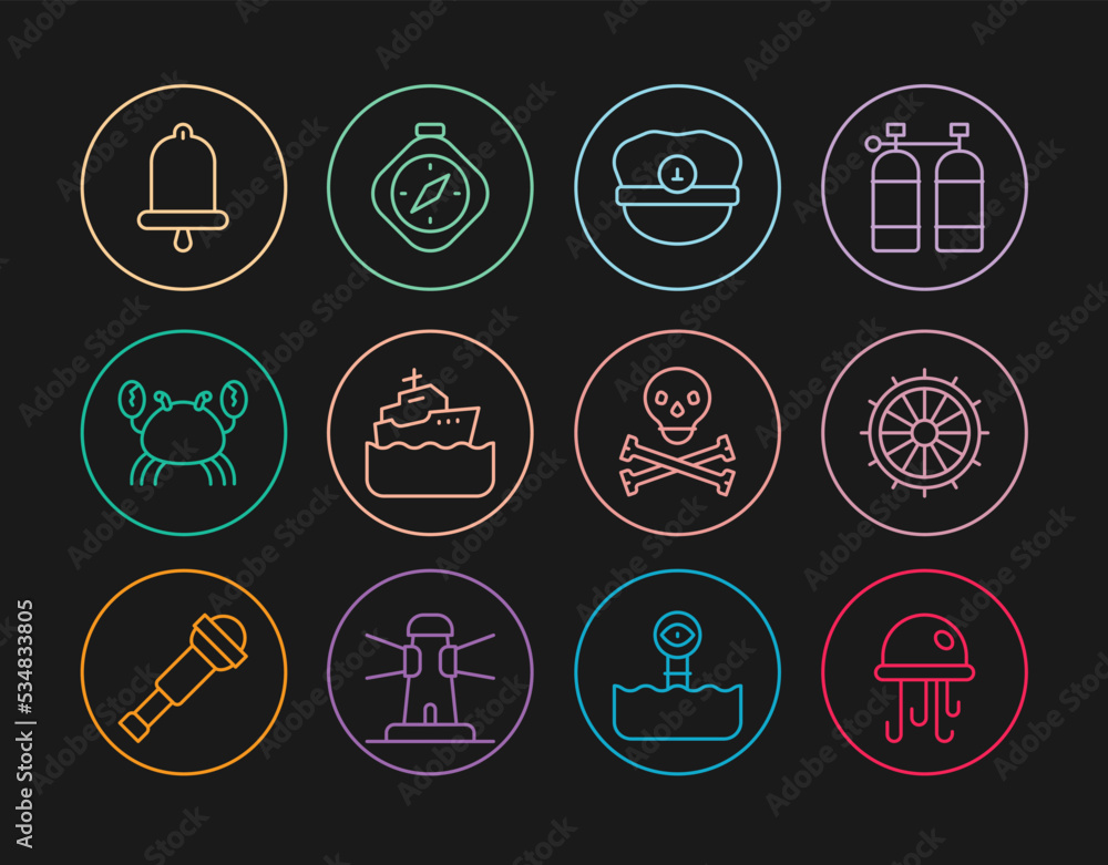Set line Jellyfish, Ship steering wheel, Captain hat, Cruise ship, Crab, bell, Skull on crossbones and Compass icon. Vector Set line Jellyfish, Ship steering wheel, Captain hat, Cruise ship, Crab, bell, Skull on crossbones and Compass icon. Vector