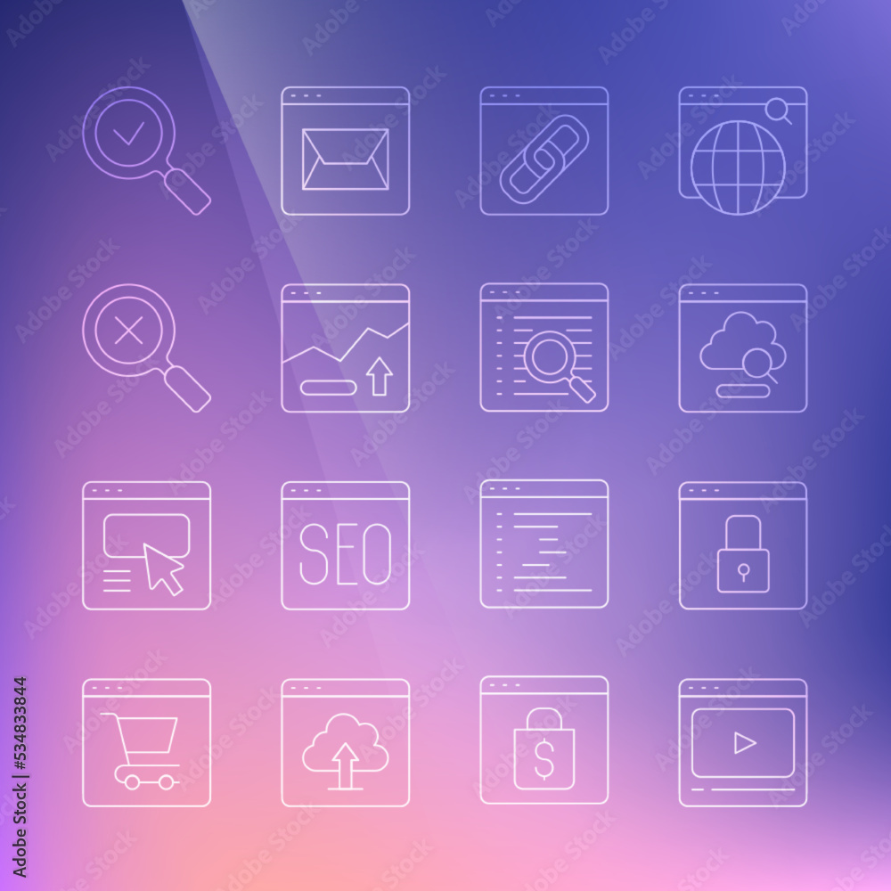 Set line Online play video, SSL, Cloud technology data transfer, Browser window, Financial growth increase, Magnifying glass and delete, check mark and Search engine icon. Vector Set line Online play video, SSL, Cloud technology data transfer, Browser window, Financial growth increase, Magnifying glass and delete, check mark and Search engine icon. Vector