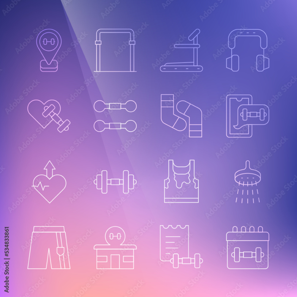 Set line Calendar fitness, Shower, Fitness app, Treadmill machine, Dumbbell, with heart, Location gym and Socks icon. Vector Set line Calendar fitness, Shower, Fitness app, Treadmill machine, Dumbbell, with heart, Location gym and Socks icon. Vector