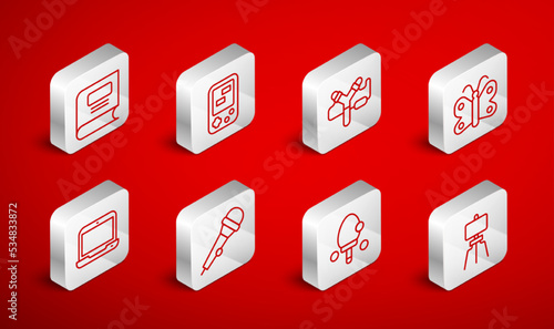 Set line Wood easel, Tetris electronic game, Slingshot, Butterfly, Racket, Book, Microphone and Laptop icon. Vector