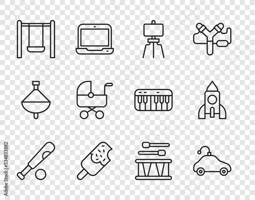 Set line Baseball bat with ball, Radio controlled car toy, Wood easel, Ice cream, Swing, Baby stroller, Drum drum sticks and Rocket ship icon. Vector