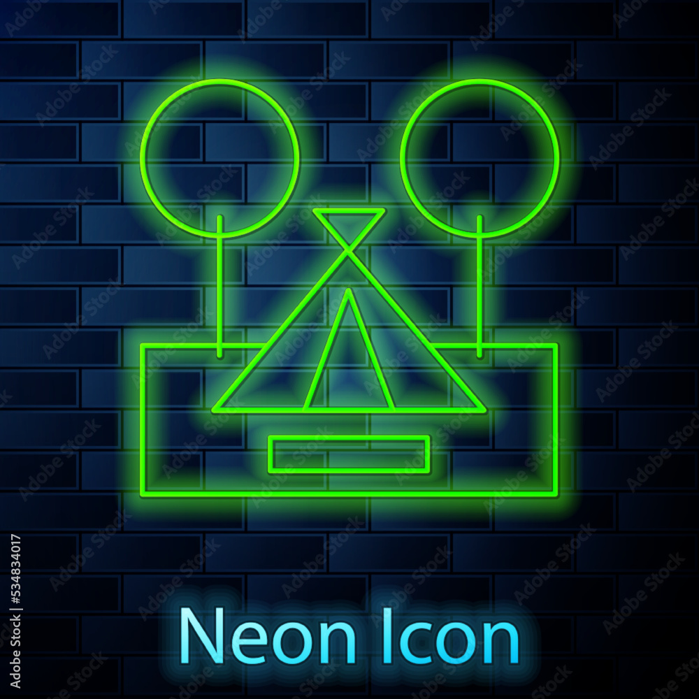 Glowing neon line Tourist tent icon isolated on brick wall background. Camping symbol. Vector Glowing neon line Tourist tent icon isolated on brick wall background. Camping symbol. Vector