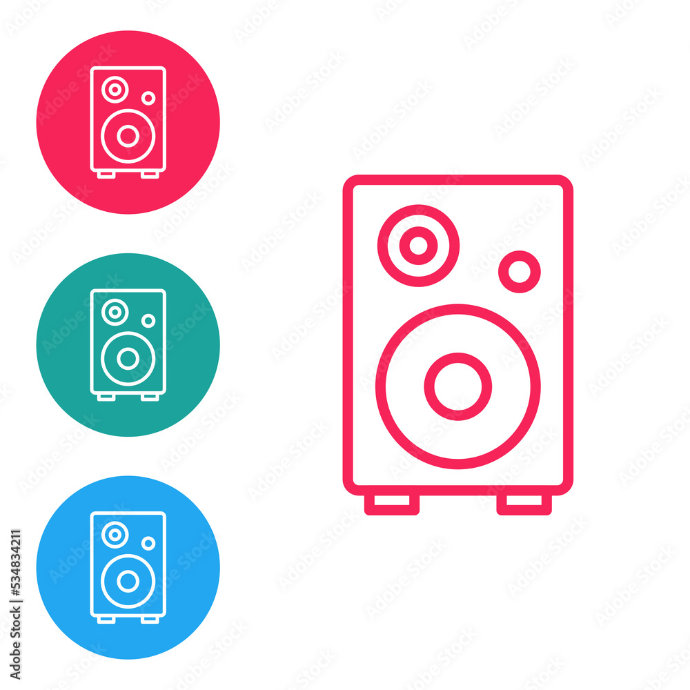 Red line Stereo speaker icon isolated on white background. Sound system speakers. Music icon. Musical column speaker bass equipment. Set icons in circle buttons. Vector Red line Stereo speaker icon isolated on white background. Sound system speakers. Music icon. Musical column speaker bass equipment. Set icons in circle buttons. Vector