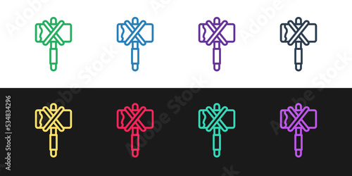 Set line Medieval axe icon isolated on black and white background. Battle axe, executioner axe. Medieval weapon. Vector