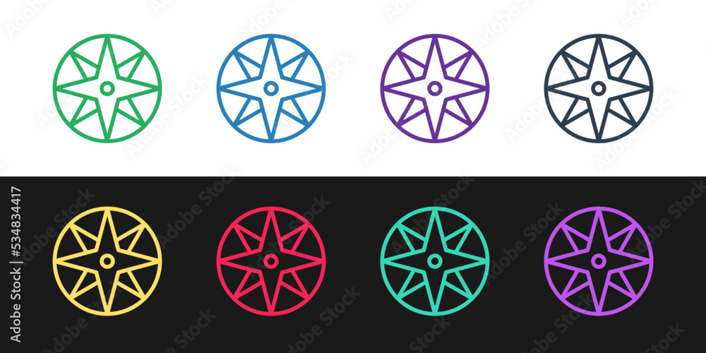 Set line Wind rose icon isolated on black and white background. Compass icon for travel. Navigation design. Vector Set line Wind rose icon isolated on black and white background. Compass icon for travel. Navigation design. Vector