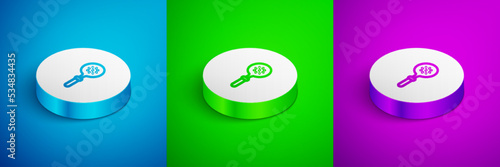 Isometric line Spatula icon isolated on blue, green and purple background. Kitchen spatula icon. BBQ spatula sign. Barbecue and grill tool. White circle button. Vector