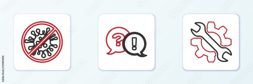Set line Wrench and gear, Stop virus, bacteria and Question Exclamation icon. Vector Set line Wrench and gear, Stop virus, bacteria and Question Exclamation icon. Vector