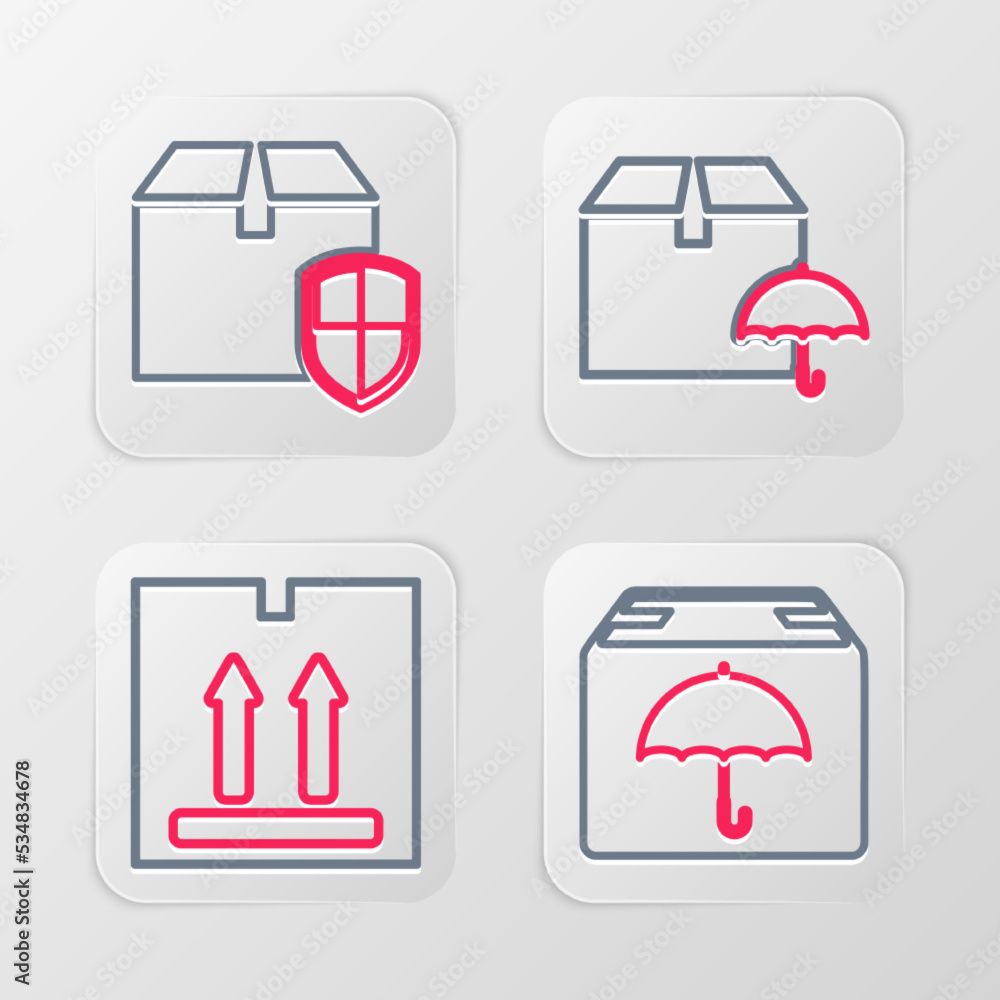 Set line Delivery package with umbrella, Cardboard box traffic, and security shield icon. Vector Set line Delivery package with umbrella, Cardboard box traffic, and security shield icon. Vector