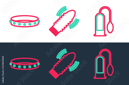 Set line Penis pump, Leather fetish collar and Dildo vibrator for sex games icon. Vector