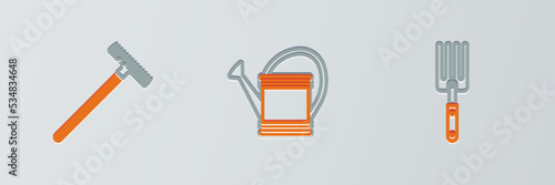 Set line Garden fork, rake and Watering can icon. Vector