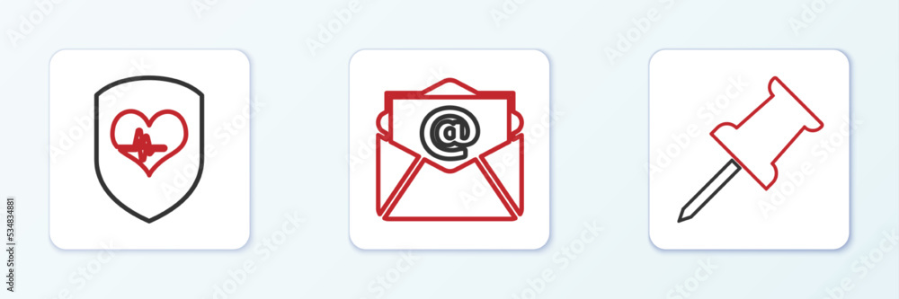 Set line Push pin, Shield and heart rate and Mail e-mail icon. Vector Set line Push pin, Shield and heart rate and Mail e-mail icon. Vector