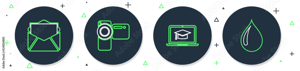 Set line Cinema camera, Graduation cap on laptop, Mail and e-mail and Water drop icon. Vector Set line Cinema camera, Graduation cap on laptop, Mail and e-mail and Water drop icon. Vector