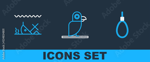 Set line Gallows rope loop hanging, Sunken ship and Pirate parrot icon. Vector