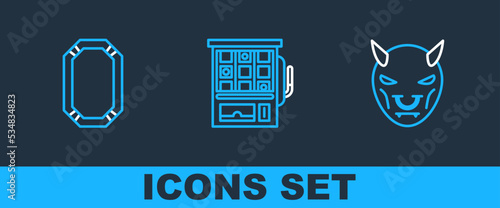 Set line Mask of the devil with horns, Poker table and Slot machine icon. Vector