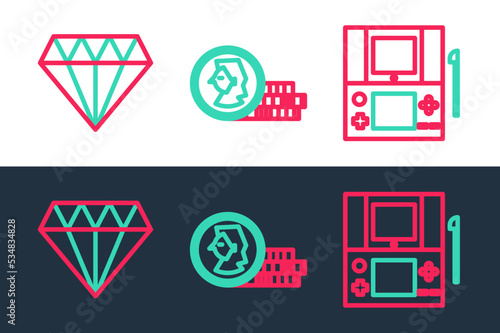 Set line Portable video game console, Diamond and Coin for icon. Vector
