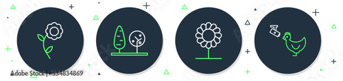 Set line Trees, Flower, and Chicken farm and camera icon. Vector