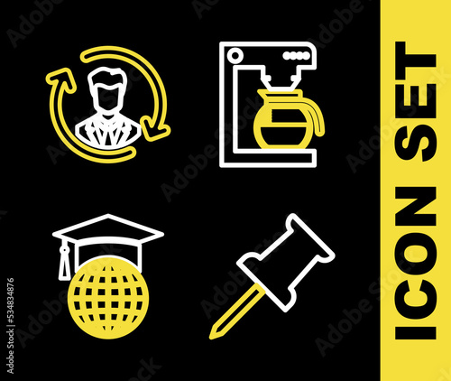 Set line Coffee machine with pot, Push pin, Graduation cap on globe and Human resources icon. Vector