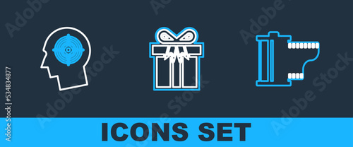 Set line Camera film roll cartridge, Head hunting concept and Gift box icon. Vector