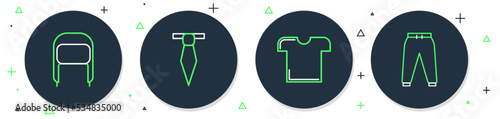 Set line Tie, T-shirt, Winter hat with ear flaps and Sport pants icon. Vector