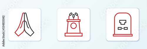 Set line Tombstone with RIP written, Hands in praying position and Stage stand or tribune icon. Vector