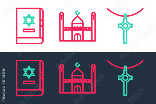 Set line Christian cross on chain, Jewish torah book and Muslim Mosque icon. Vector