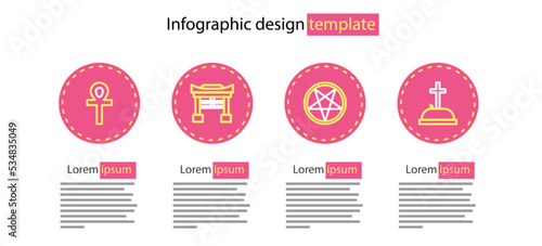 Set line Pentagram in a circle, Tombstone with cross, Japan Gate and Cross ankh icon. Vector