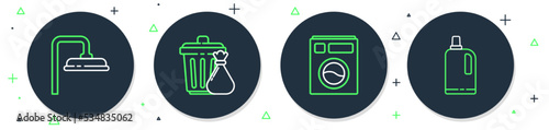 Set line Trash can and garbage bag, Washer, Shower head and Fabric softener icon. Vector