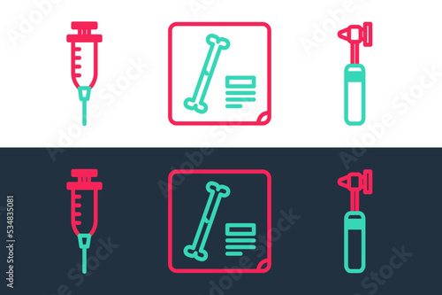 Set line Medical otoscope tool, Syringe and X-ray shots icon. Vector