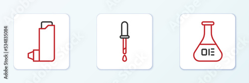 Set line Test tube and flask, Inhaler and Pipette icon. Vector