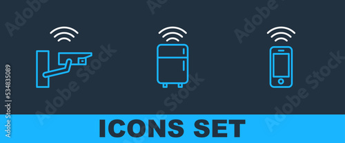 Set line Wireless smartphone, Smart security camera and refrigerator icon. Vector
