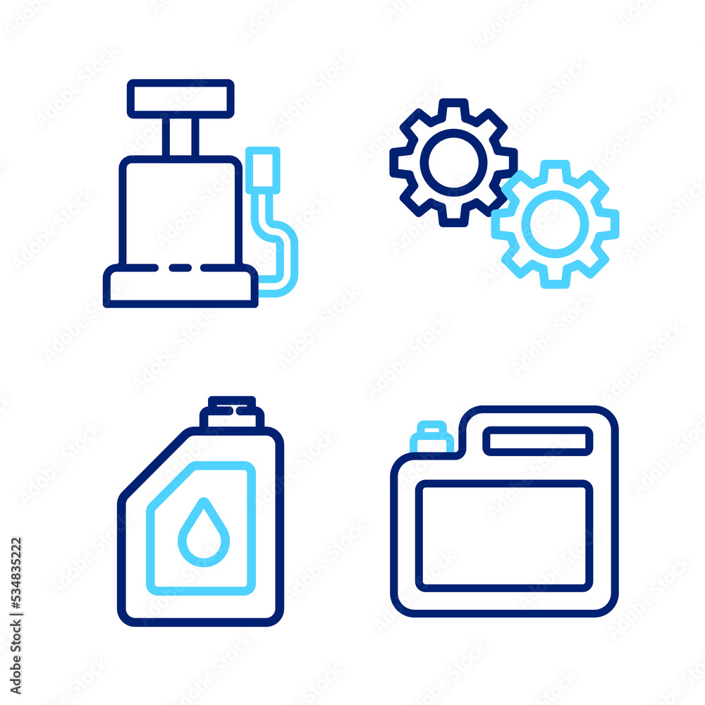 Set line Canister for motor oil, Gear and Car air pump icon. Vector Set line Canister for motor oil, Gear and Car air pump icon. Vector